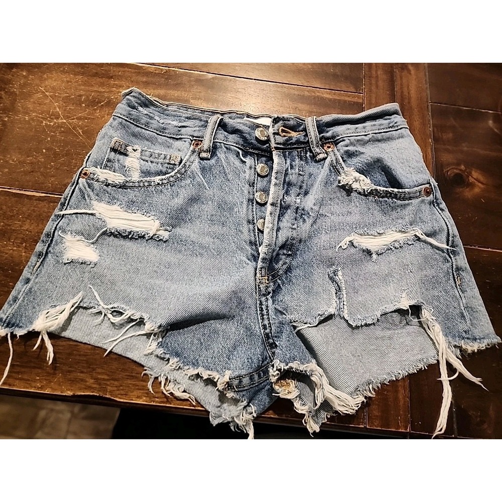 Zara Shorts Womens 0 Denim High Rise Distressed Button Fly Raw Hem Micro Mini